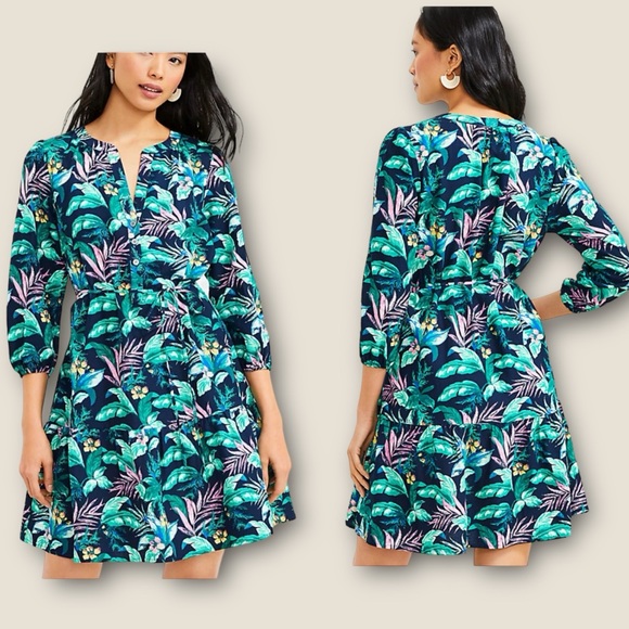 LOFT PALMS HENLEY SHIRT DRESS. TROPICAL PRINT. BELTED WAIST, FLOUNCY HEM. GUC - Picture 1 of 14